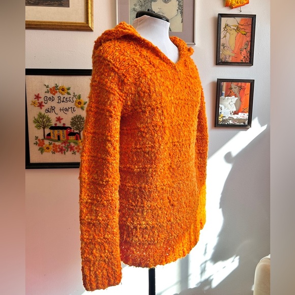 Vintage 70s Orange Bouclé Knit Hoodie Sweater M Medieval Revival Cottagecore - Picture 3 of 8